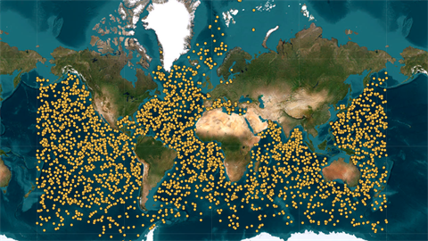 Argo-bøjer d. 16. juni 2025 (skærmbillede, https://dataselection.euro-argo.eu/)